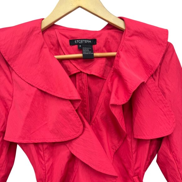 Etcetera Belted Ruffle Jacket Womens Coral Red Pink Trench Coat Size 4 - Picture 6 of 16